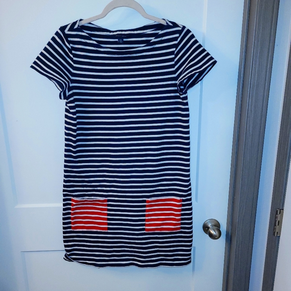 Tommy Hilfiger White Blue Red Striped T Shirt Dress Womens SZ Small
